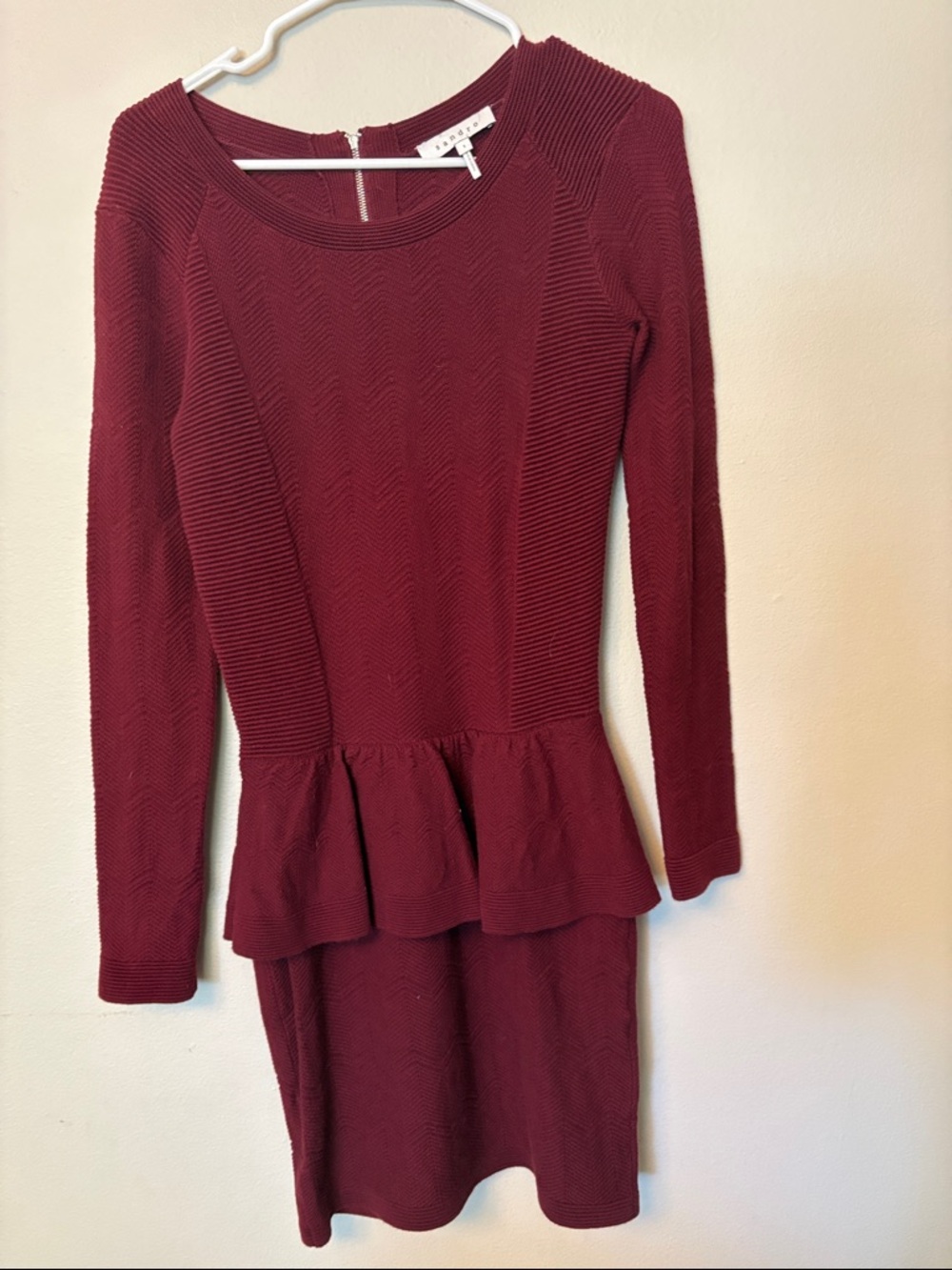 Sandro Burgundy Long-Sleeve Peplum Sweater Cocktail Dress